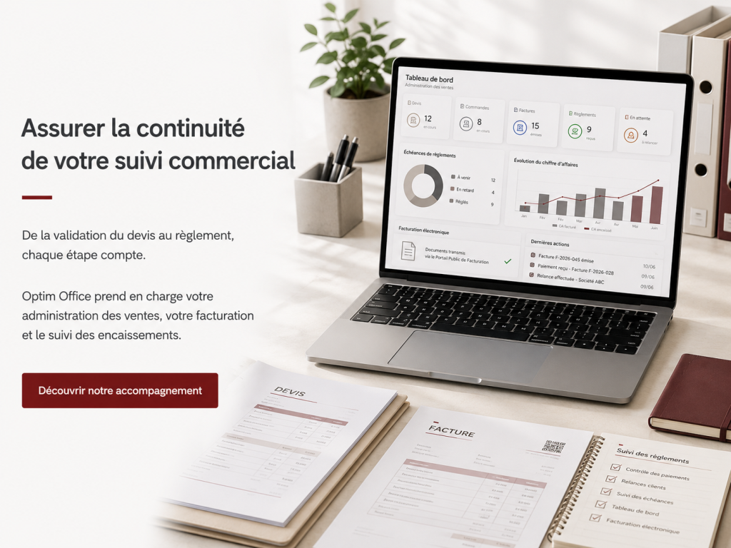 Tableau de bord d’administration des ventes pour suivre devis, factures, règlements et encaissements.