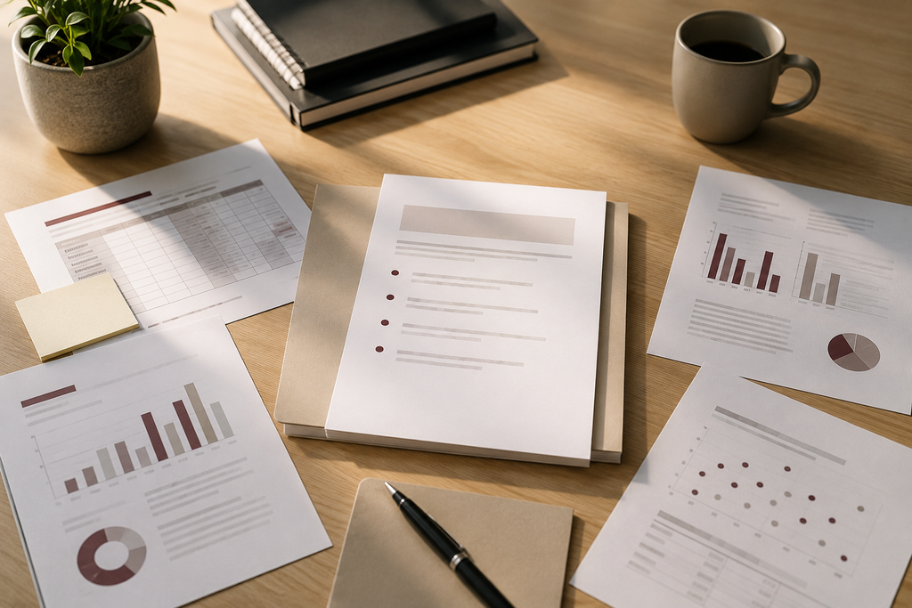 Documents de suivi d’une campagne de prospection BtoB disposés sur un bureau pour identifier les éléments à examiner en priorité.