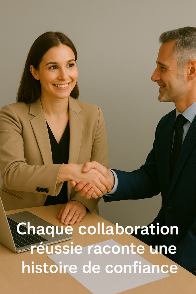 Deux professionnels se serrent la main avec le sourire lors d’une rencontre de travail, symbole de collaboration réussie et de confiance mutuelle.