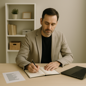 Dirigeant en pleine concentration dans un bureau épuré, illustration du deep work et de l’attention protégée