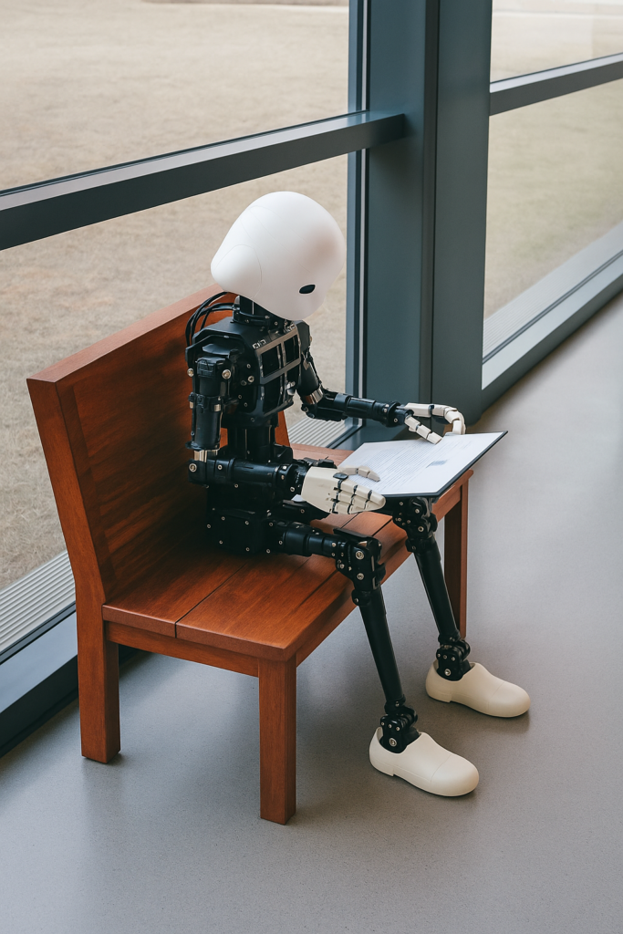 Robot humanoïde lisant un document, symbole de l’impact de l’intelligence artificielle sur les métiers et l’avenir du travail