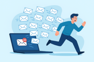 Personne submergée par sa boîte mail débordante d’e-mails, symbolisant le besoin d’externaliser la gestion des emails professionnels