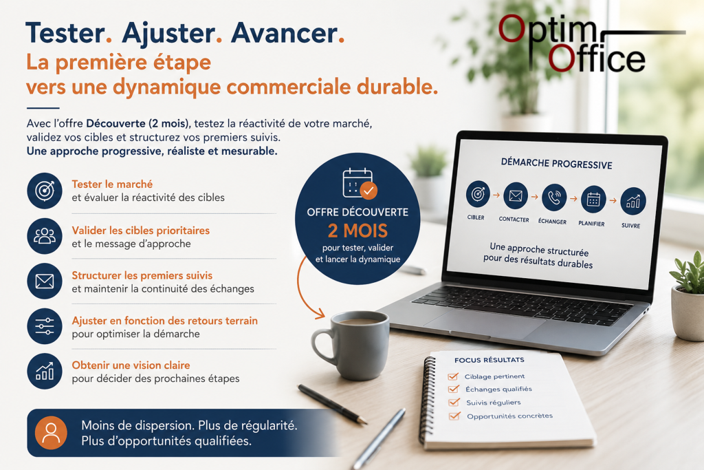Illustration professionnelle d’une démarche de prospection commerciale B2B avec suivi des leads, coordination des échanges et organisation des actions commerciales à distance.