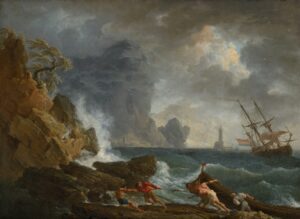 Peinture classique représentant des marins luttant contre la tempête près d’un phare, métaphore du dirigeant submergé par l’administratif.